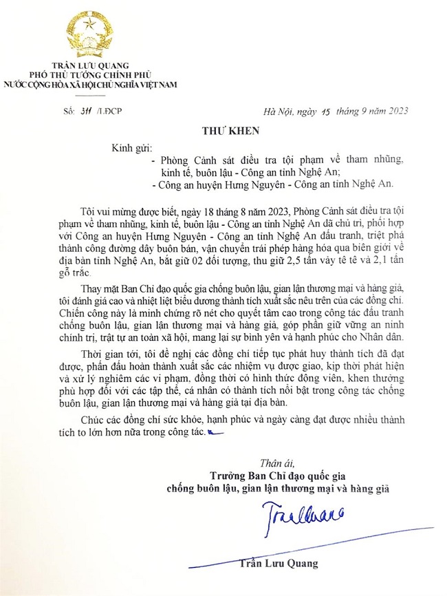 Công an Nghệ An nhận thư khen của Phó Thủ tướng Chính phủ Trần Lưu Quang – Trưởng Ban chỉ đạo 389 Quốc Gia